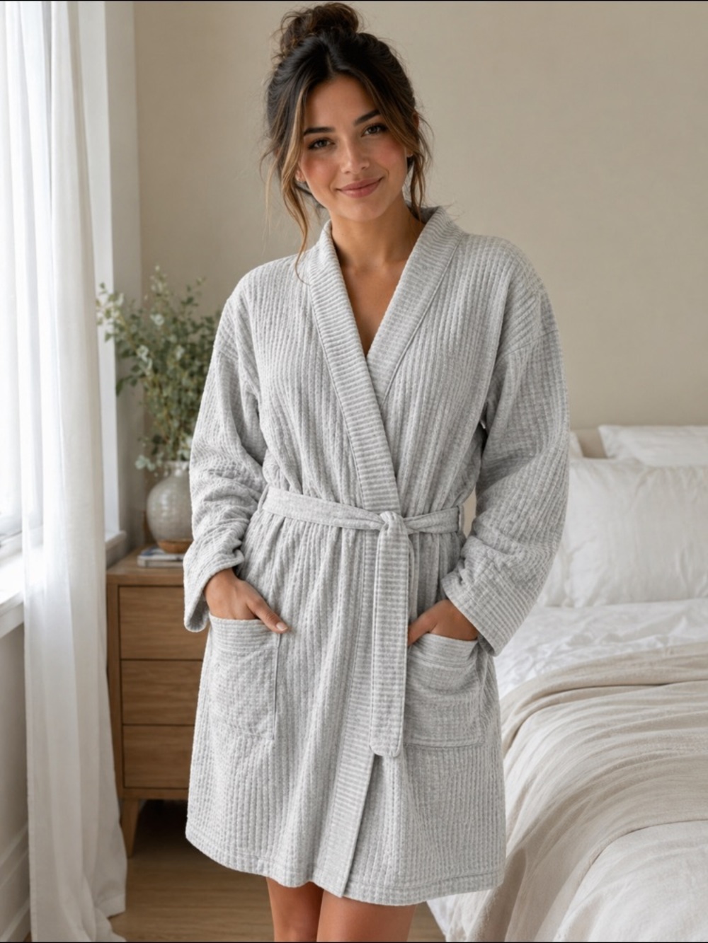 Charter Club Gray and White Waffle-Knit Robe with Belt